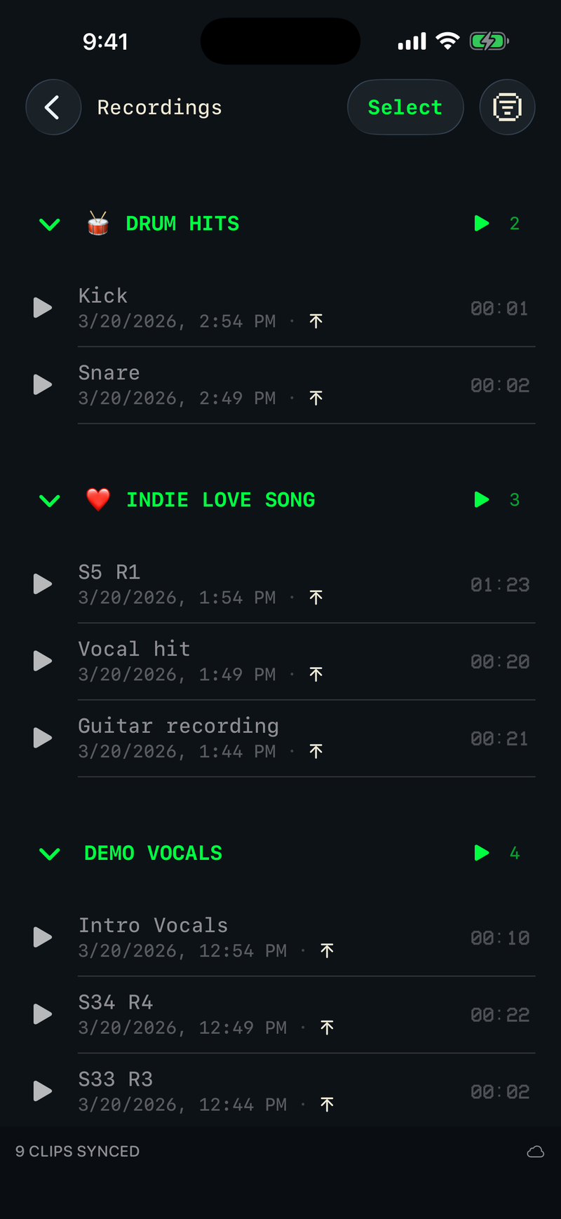 Drop recordings list