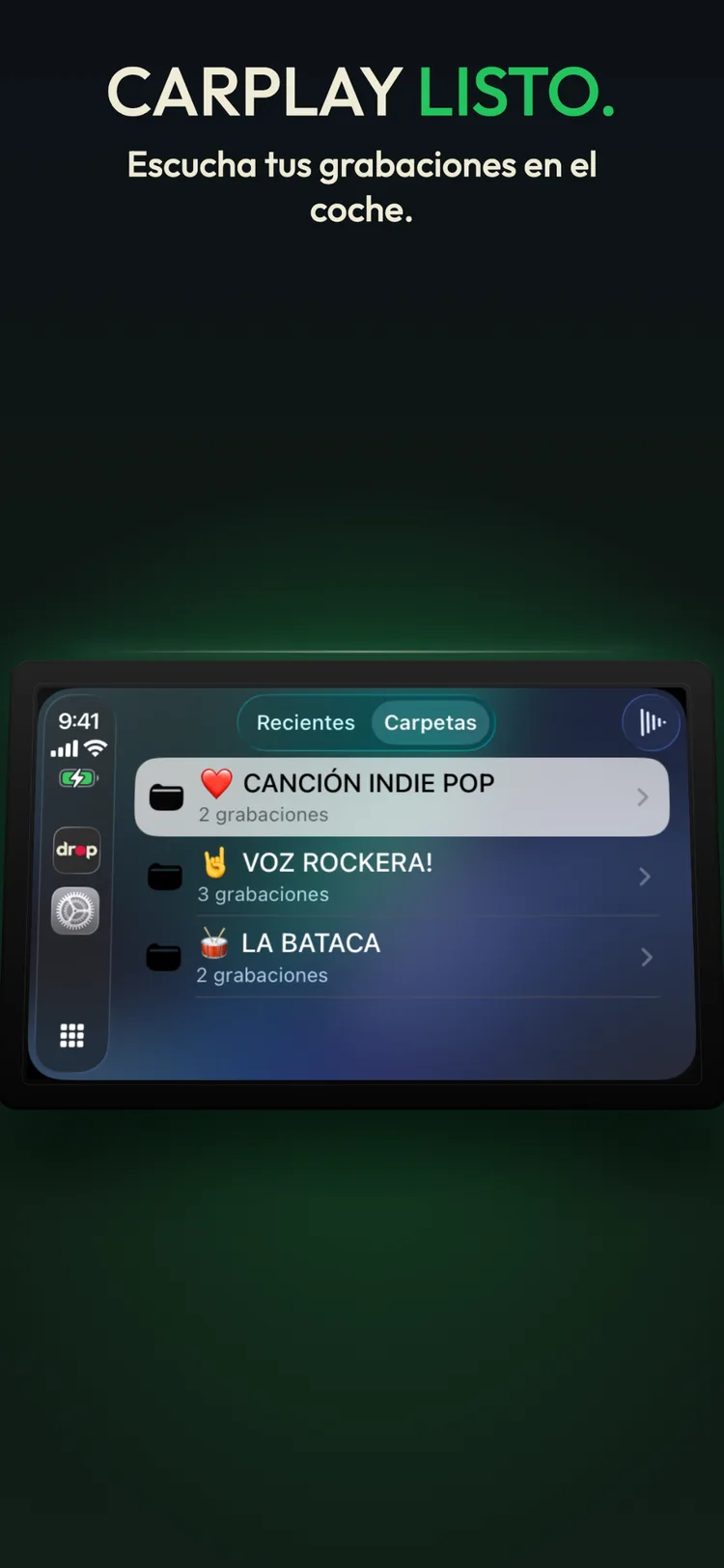 Compatible con CarPlay: escucha tus grabaciones en el coche